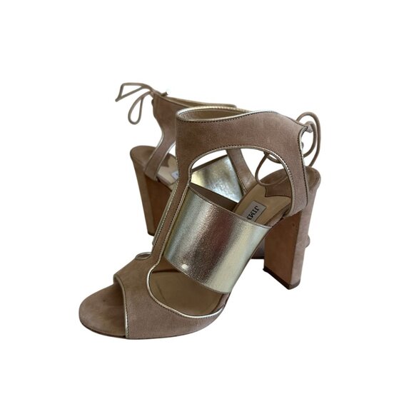 JIMMY CHOO Moira Tan Suede Ankle Tie Sandals Heels Size 37.5 - Picture 3 of 9